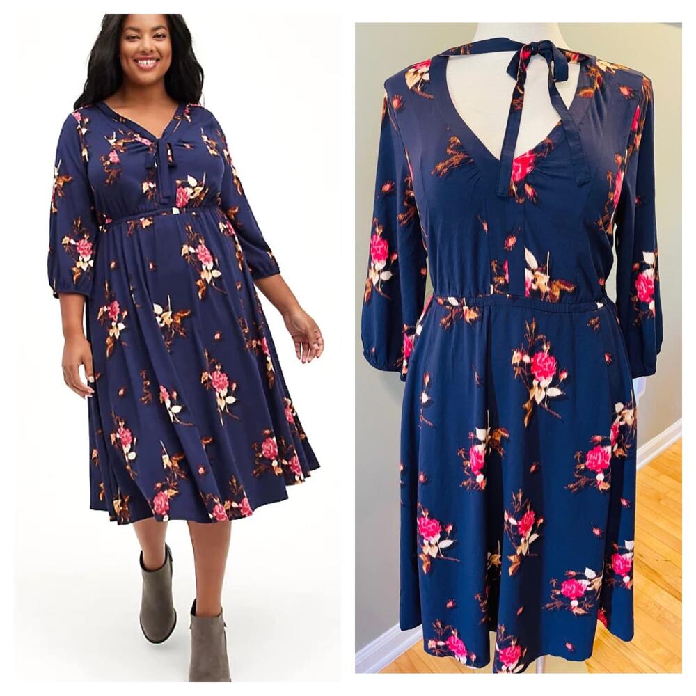Torrid 1 (1X) Tie Neck Secretary Floral Midi Stretch Challis Dress w/Pockets New